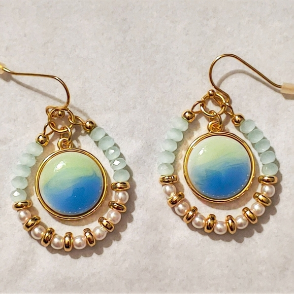 Jewelry - Gold Dangle Earrings with Blue and Yellow Center Pendant and Beading